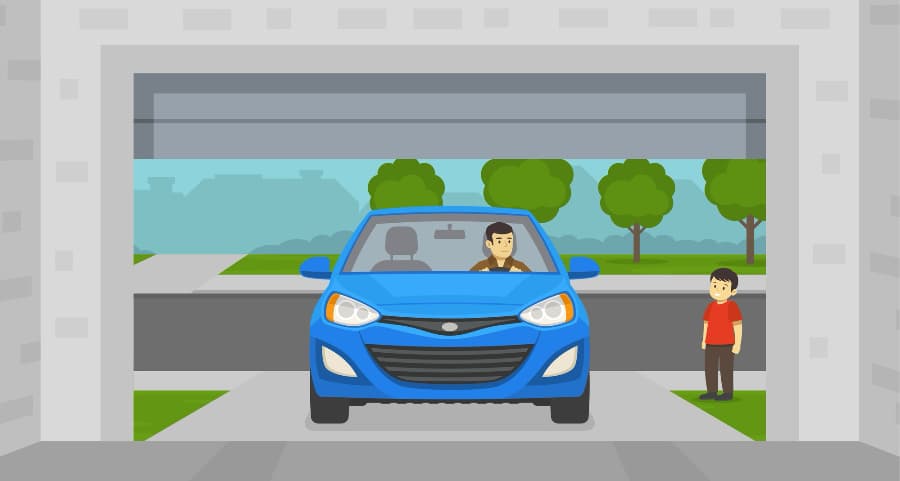 Graphic of a man driving into his garage with a child waiting nearby.